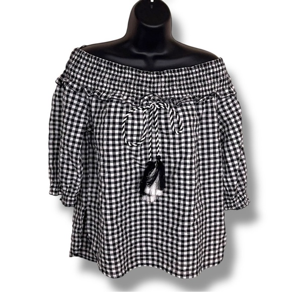 Small Mud Pie Brand Gingham Top Peasant Black White Checkered Half Sleeve - Picture 1 of 11